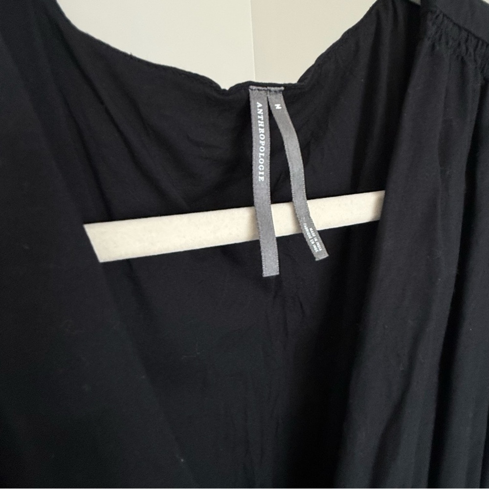 Anthro Somerset Black Midi Dress M Puff Sleeve Ruched Waist - Picture 2 of 7